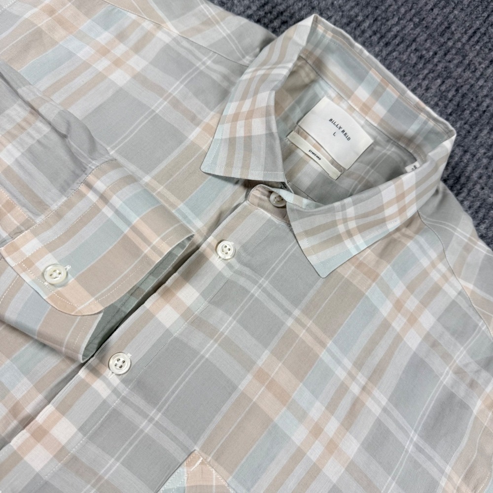 Billy Reid Mens Large Plaid Button Down Shirt Sage Green Tan Made in Italy L